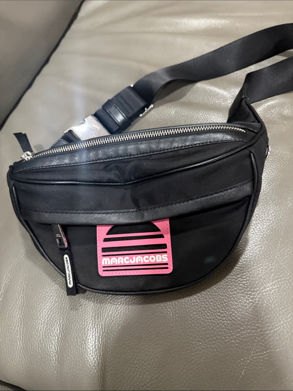 Marc Jacobs Black Belt Bag with Pink Logo Patch
